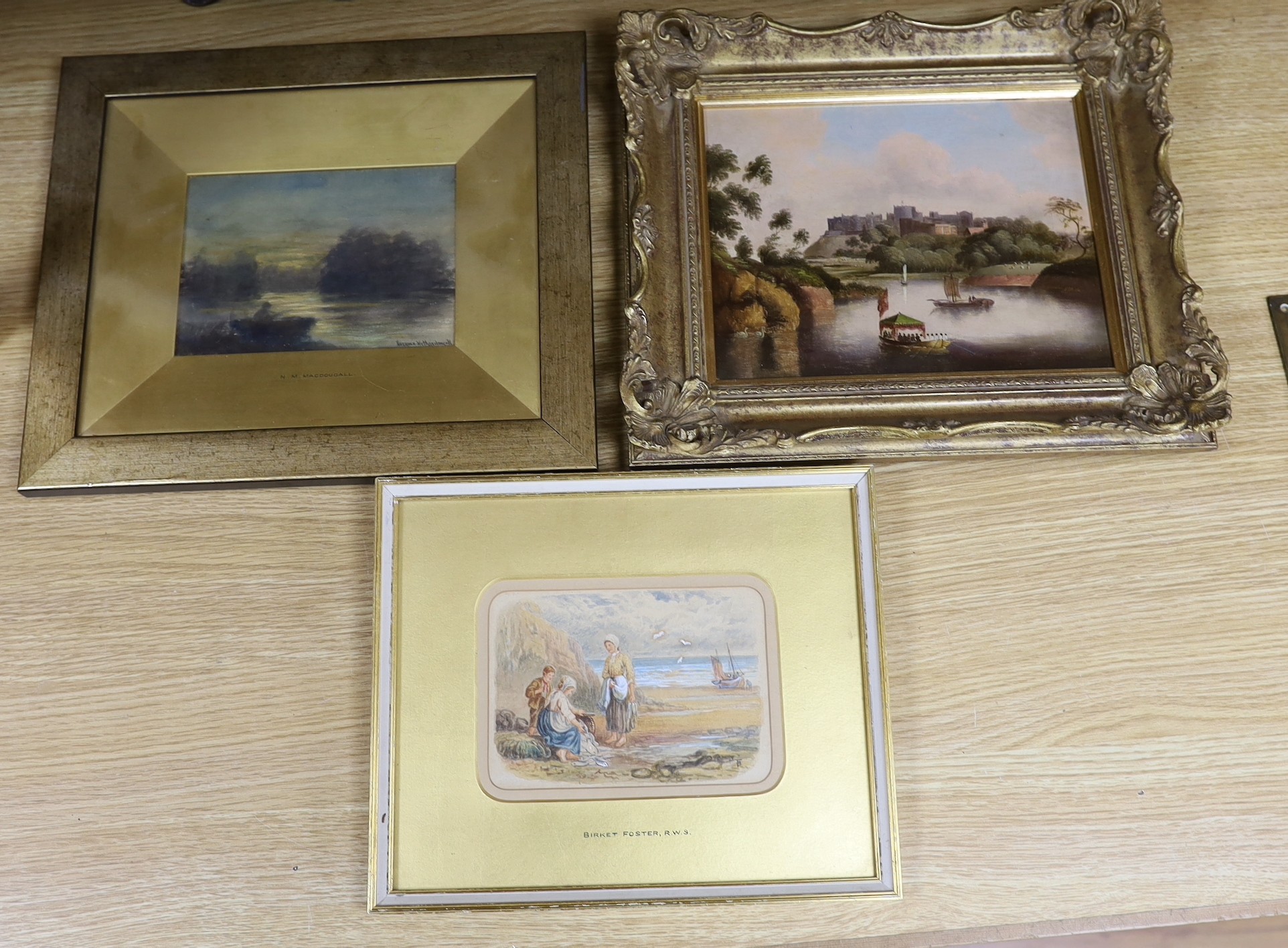 Three assorted 19th century pictures: a watercolour of fisherfolk after Birket Foster, a watercolour by Norman Macdougall and an unsigned oil, view of Windsor Castle, largest 18 x 23cm